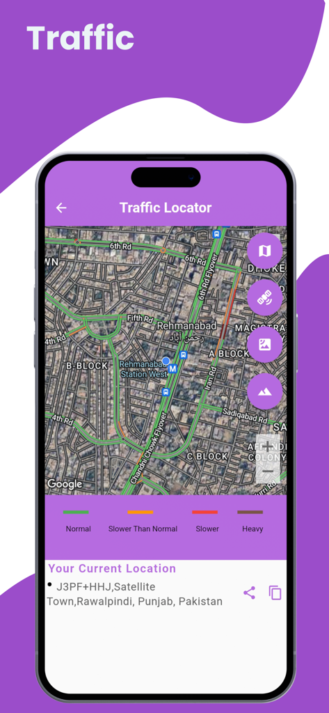 A mobile app interface displaying a live traffic locator on a high resolution satellite map with color coded road conditions