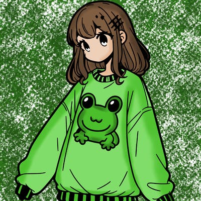 girl wearing frogging sweatshirt