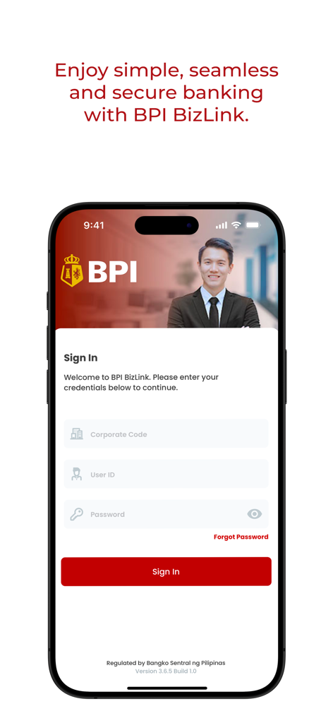 BPI BizLink - BPI BizLink mobile app sign-in screen for business banking