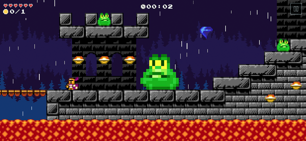 A side-scrolling pixel art platformer level with a knight character and green frog enemies over lava
