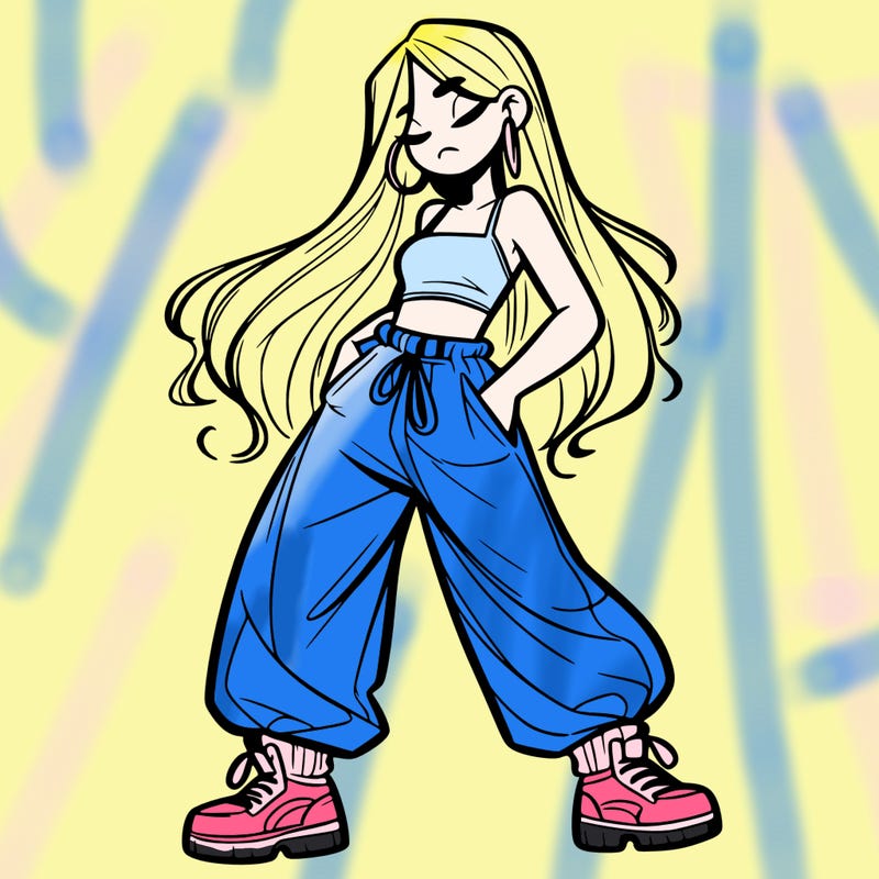 girl in baggy pants crop top and long hair