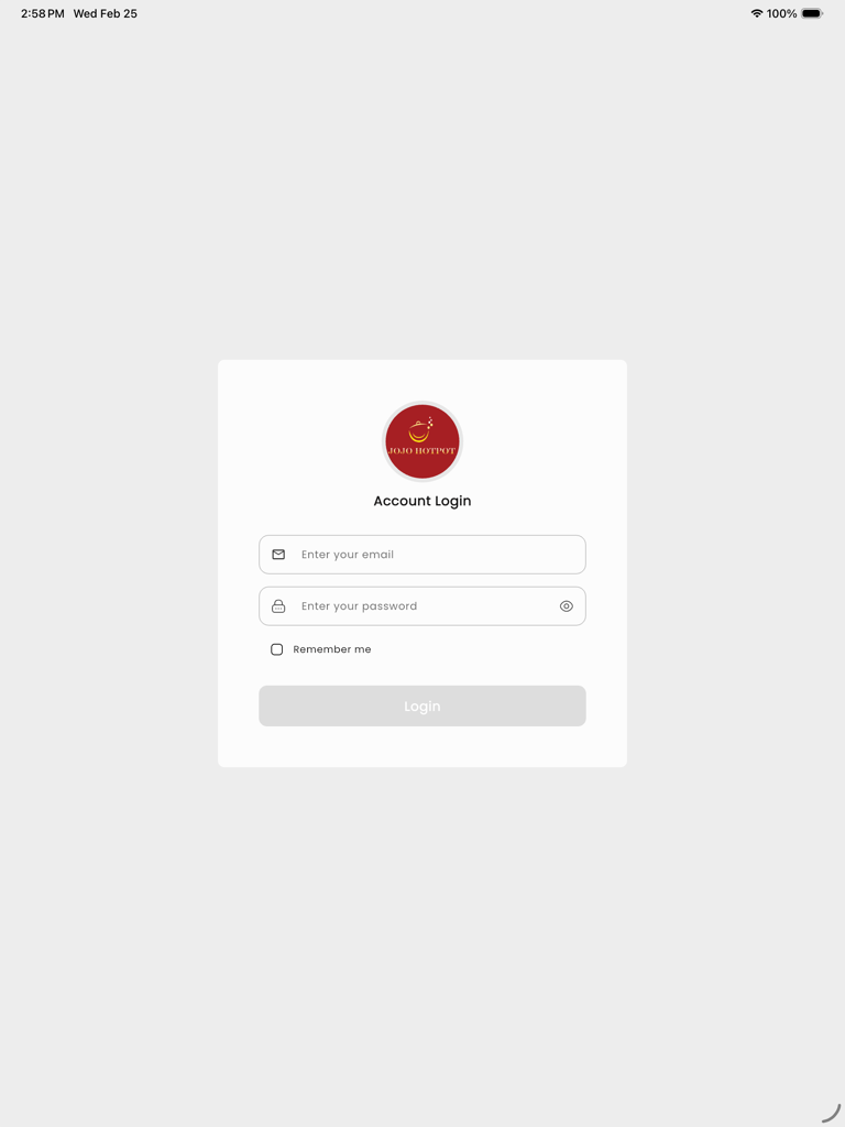 JOJO HotPot Inventory - iPad上のJOJO HotPot Inventoryアプリのアカウントログイン画面。