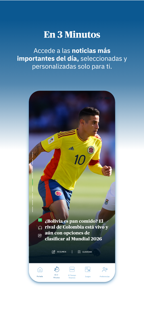 Interface of El Tiempo app showing the daily news summary feature with a sports article about the Colombian soccer team