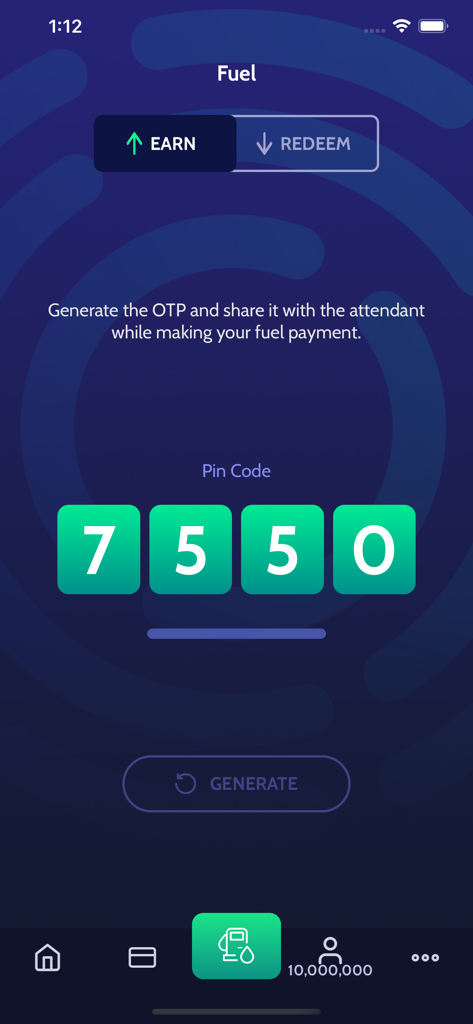 Tela de OTP de combustível do aplicativo Yes Rewards by ENOC com código PIN de quatro dígitos