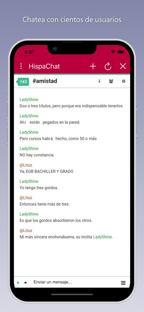 HispaChat - Chat en español - Interfaccia dell'app HispaChat che mostra una chat di gruppo per l'amicizia in spagnolo