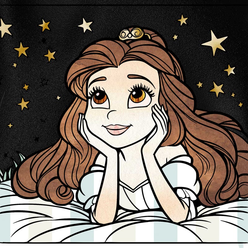 a princess lying on her back on a blanket, looking up at the stars with a dreamy expression.
