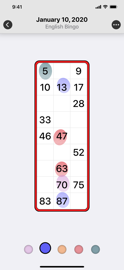 Bingo Card - Ticket Generator - Digital English bingo ticket on a mobile screen with colorful ink markings on numbers