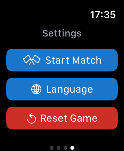 Pantalla de Apple Watch mostrando la configuración de la aplicación Beach Tennis Point, incluyendo inicio de partido y opciones de reinicio de juego