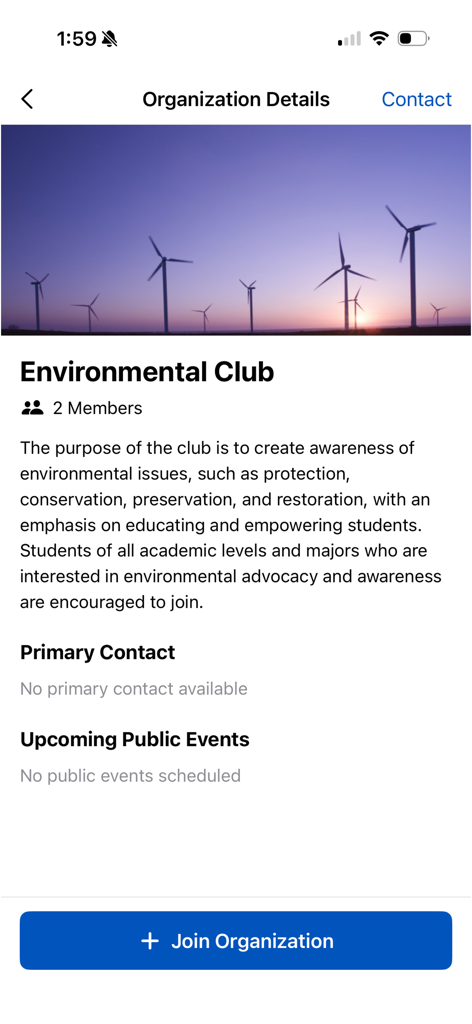 Corq - A screen from the Corq app showing details for a campus Environmental Club with a join organization button