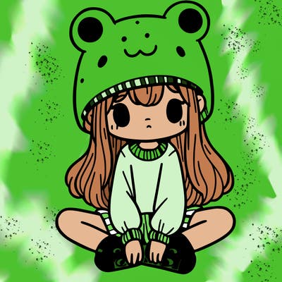 a girl wearing a frog hat and some frog socks