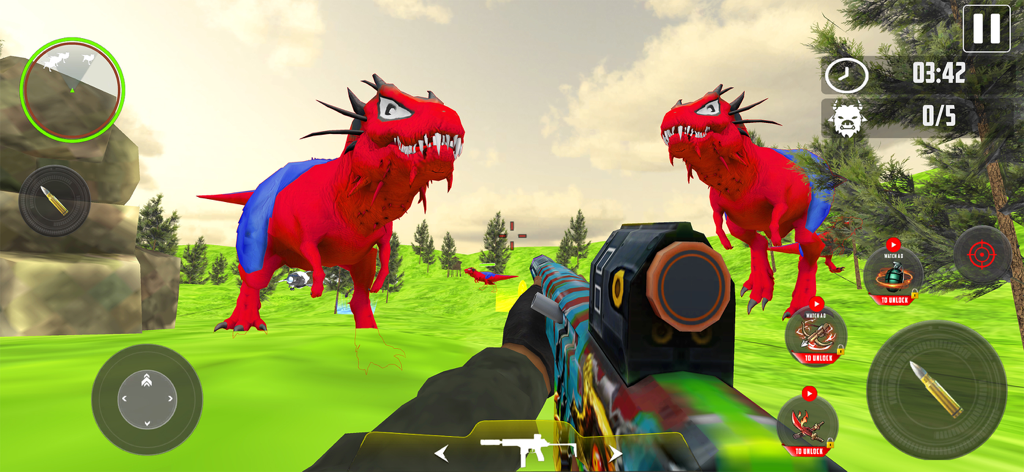 Animal Hunter: Dinosaur Games - First person shooter gameplay of hunting red dinosaurs in a green valley