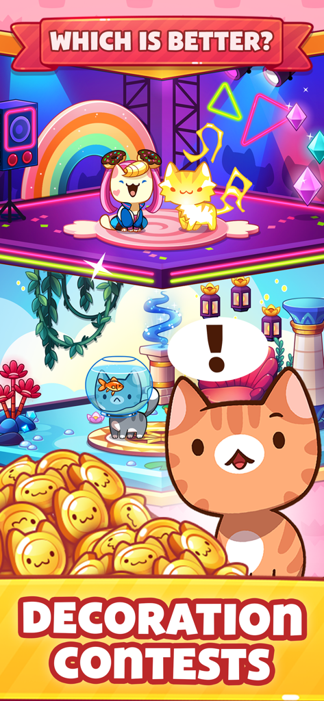 Cat Game - The Cats Collector! - Interfaz de la aplicación Cat Game que muestra concursos de decoración y una habitación con temática de discoteca con gatos coleccionables