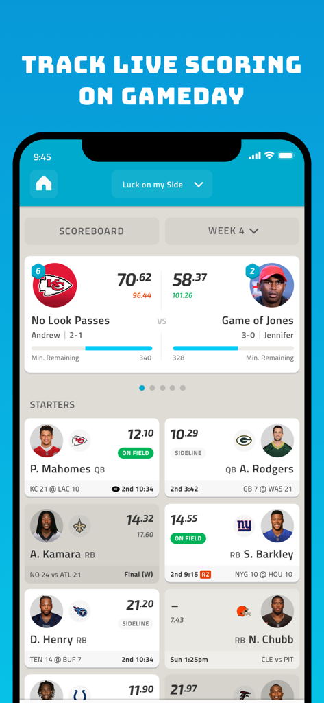 NFL Fantasy Football app gameday live scoring interface showing player points and league matchups