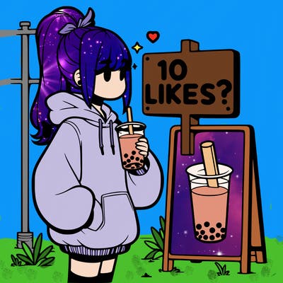 girl with oversized hoodie drinking boba and she has a high ponytail with a sign that says 10likes?
