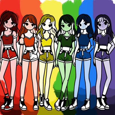 a group of girls wearing crop tops and shorts