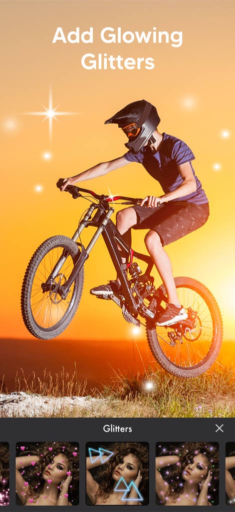 Photo Video Maker - With Song - Photo Video Maker app interface showing how to add glowing glitters and special effects to photos