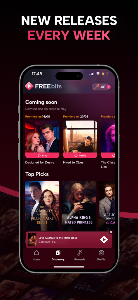 FreeBitsのモバイルアプリインターフェース、毎週新しいドラマのリリースとトレンドのロマンス短編映画のタイトルを表示