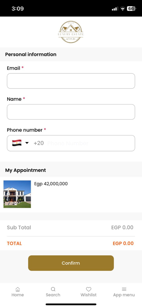 Un formulario de información personal en la aplicación Luxury Estate para reservar una cita para ver una propiedad premium.