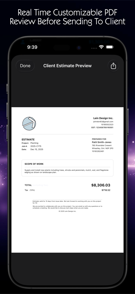 Paving Estimator - A professional PDF estimate preview on a mobile device showing project costs and company branding.