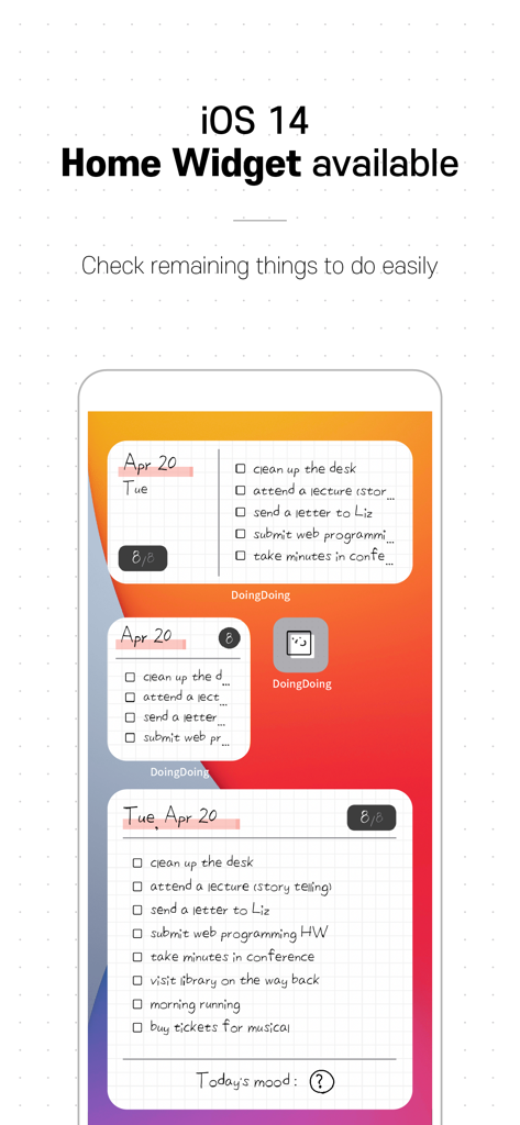 Doing Doing - Minimalist iOS home screen widgets showing a bullet journal style to-do list from the Doing Doing app.
