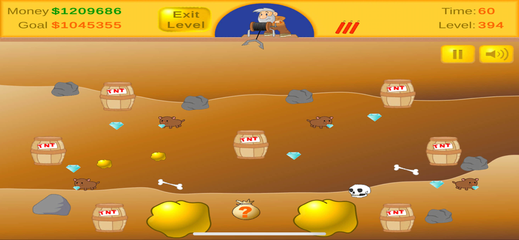 Gameplay screenshot of Classic Miner featuring a character using a claw to collect gold nuggets and diamonds underground