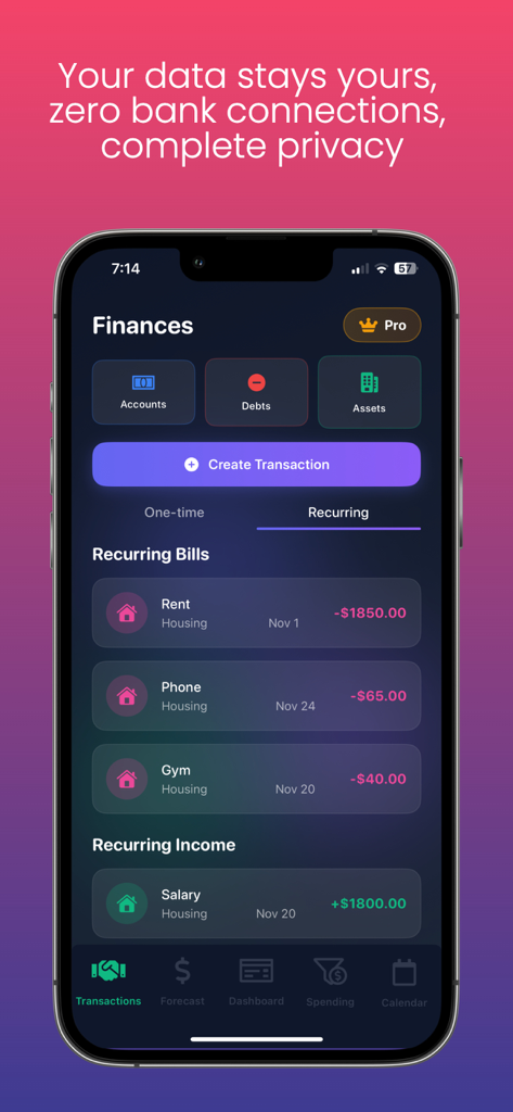 LongMoney - LongMoney app interface showing a list of recurring bills and income transactions
