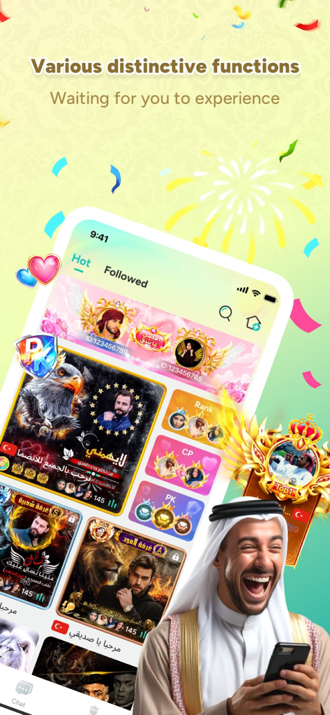 Sada Live - 미소 짓는 남자가 있는 라이브 채팅 룸과 사용자 순위를 보여주는 사다 라이브 앱 인터페이스