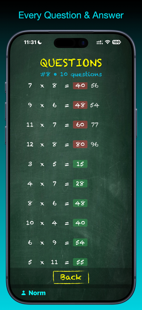 TimesX Times Tables Tester - Multiplication test results screen showing correct and incorrect answers on a green chalkboard