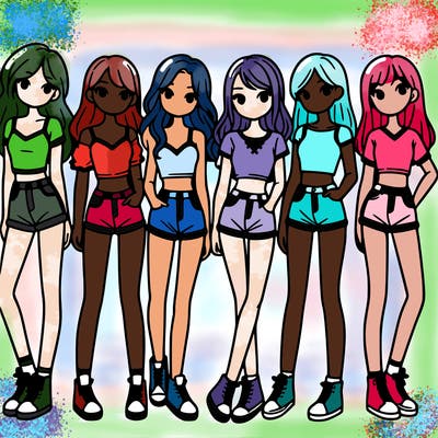 a group of girls wearing crop tops and shorts