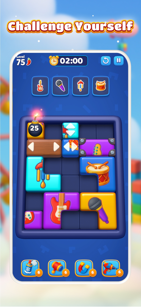 Gameplay screen of Picture Block Jam showing a sliding puzzle with musical instrument blocks and a countdown timer.