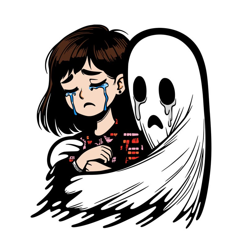 realistic girl crying but a ghost is huging her