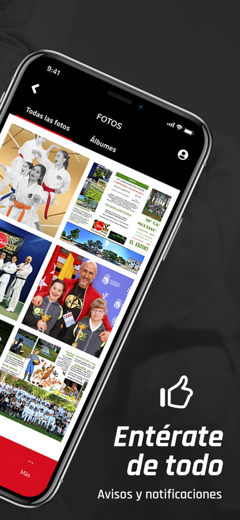 Club Kárate Pozuelo - Club Karate Pozuelo app screen showing the photo gallery and a notification section.