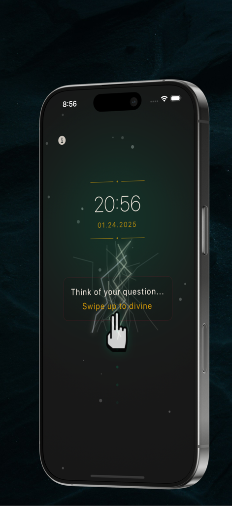X6ren app startup screen on an iPhone with a prompt to swipe up to divine for decision guidance