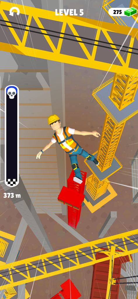 Ragdoll Fall: Break the Bones! - A ragdoll character wearing a construction worker outfit falling past cranes in a physics-based mobile game level.