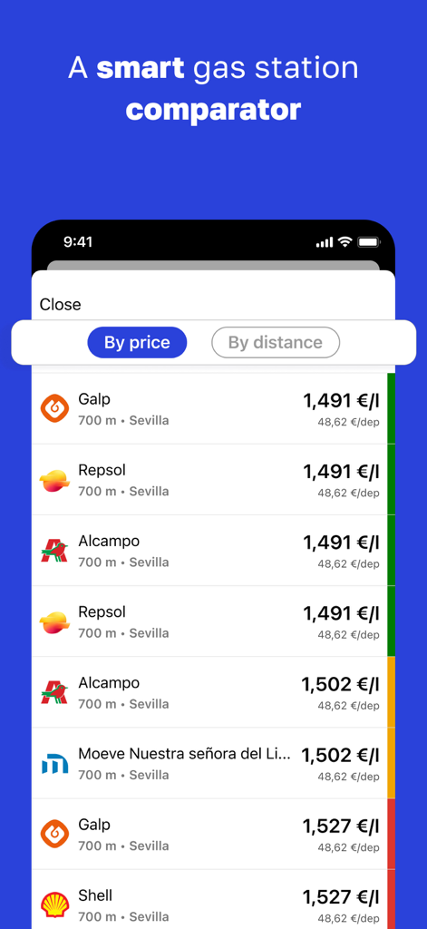 Pantalla de la aplicación móvil GasAll mostrando una lista de gasolineras en Sevilla ordenadas por precio por litro