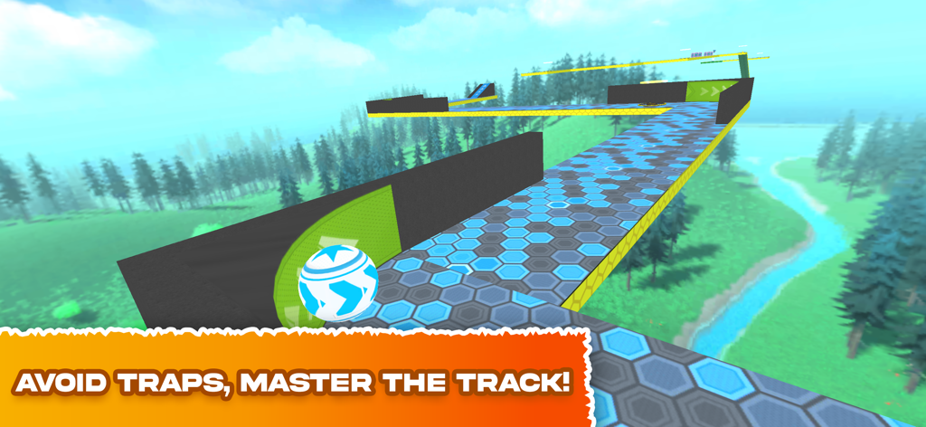 Una bola azul y blanca con patrón rodando en una estrecha pista de carreras 3D sobre un paisaje forestal.