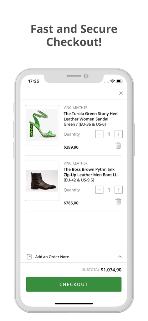 Vinci Leather - Vinci Leather mobile app checkout screen showing a shopping cart with premium leather sandals and boots