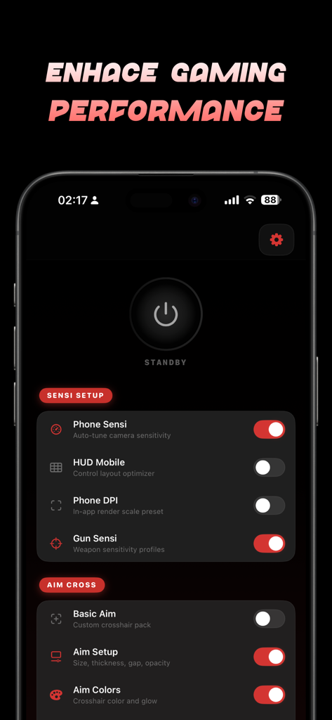 Dark Aura XIT Panel - Interfaz de la aplicación Dark Aura XIT Panel que muestra la configuración de sensibilidad y las opciones de personalización de la mira de puntería para juegos móviles.