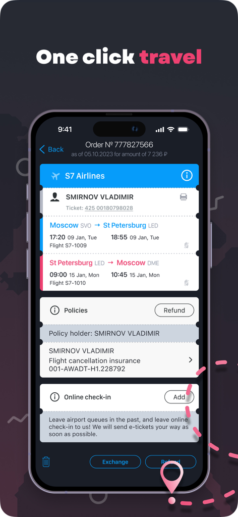 Anywayanyday: Flights & Hotels - Screenshot of the Anywayanyday app showing a flight booking summary with S7 Airlines details and insurance options