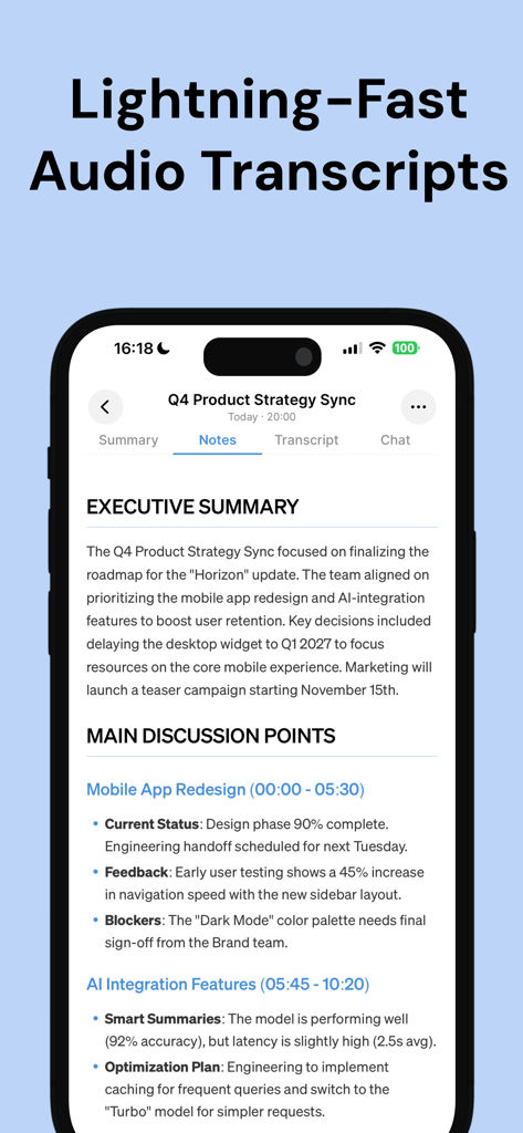 Descript - AI Audio Summaries - Descript-App-Bildschirm mit einer KI-Executive-Zusammenfassung und den wichtigsten Diskussionspunkten für ein Produktstrategie-Meeting.
