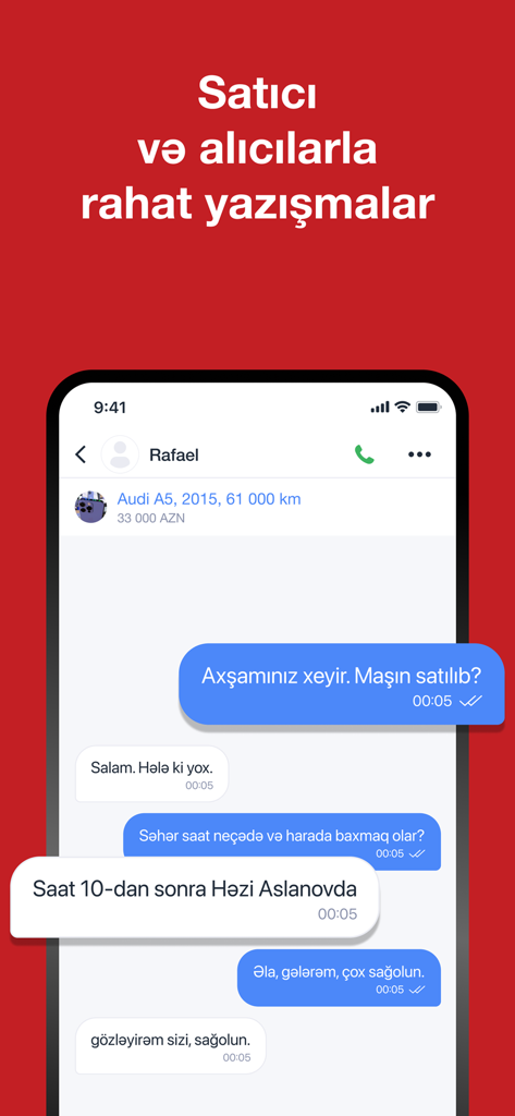 Turbo.az - Turbo.az mobile app chat screen showing a conversation between a buyer and seller about a vehicle