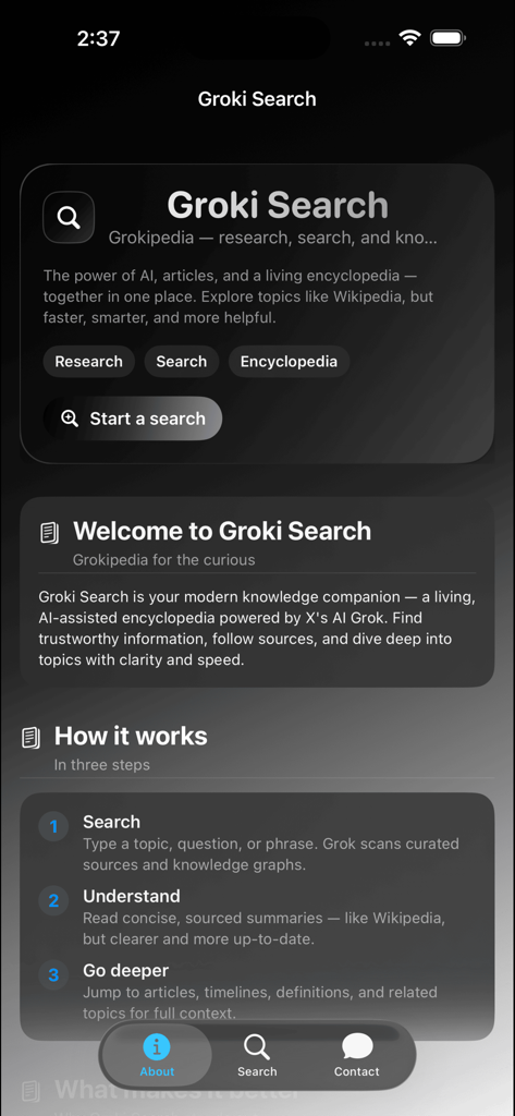 Groki Powered by Grokipedia - Pantalla Acerca de de la aplicación Groki Search que muestra las funciones de enciclopedia potenciadas por IA y los pasos para investigar temas