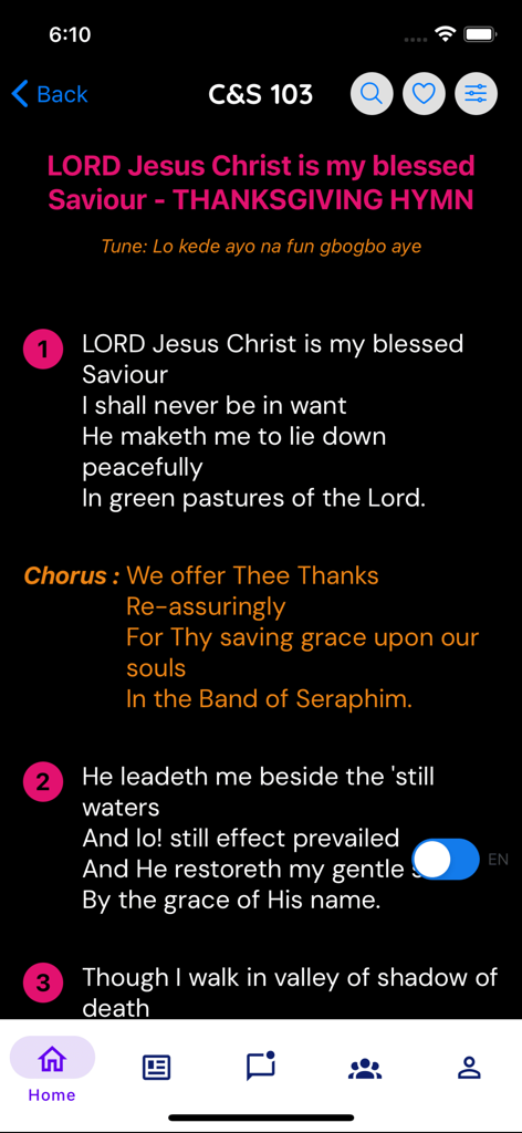 C&S Mobile - C&S Mobile app interface displaying lyrics for a thanksgiving hymn on a dark background.