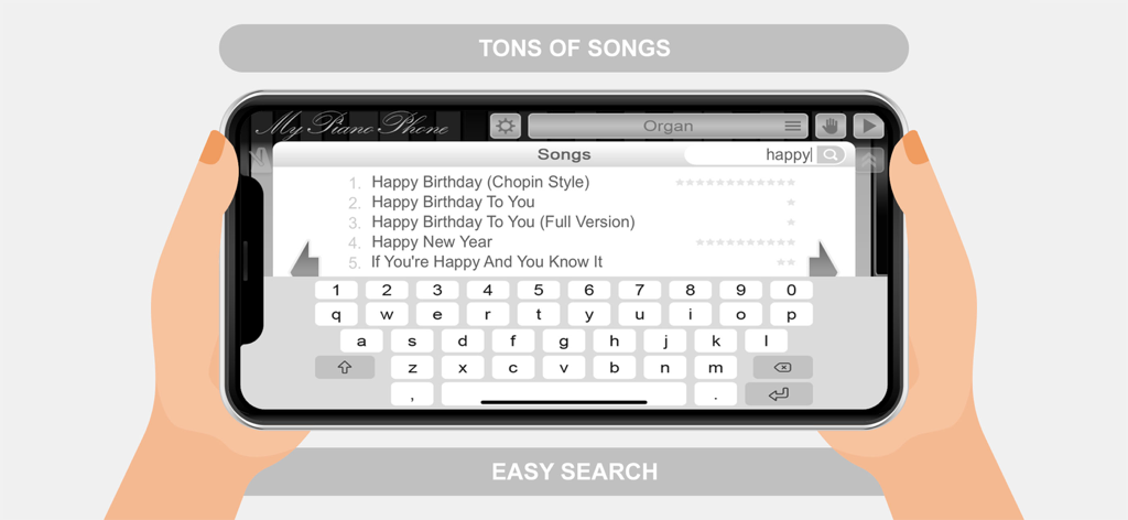 Procurando músicas na biblioteca de músicas do aplicativo My Piano Phone