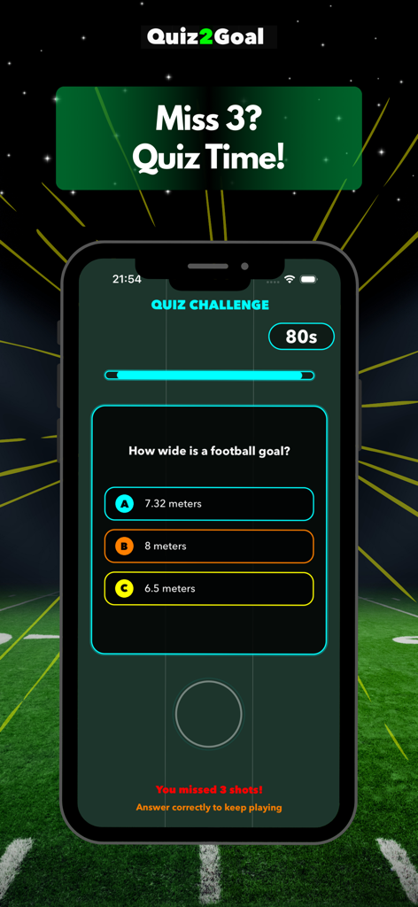 Quiz2Goal - Football Game - A screenshot of the Quiz2Goal app showing a football trivia question during a quiz challenge