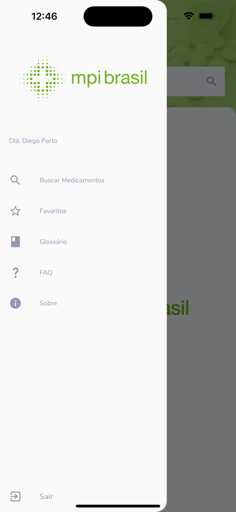 MPI Brasil - Menú de navegación lateral de la aplicación MPI Brasil que muestra búsqueda de medicamentos, favoritos y opciones del glosario.