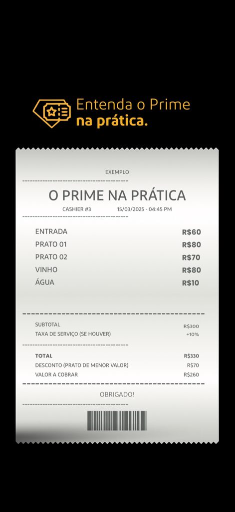 Um recibo de restaurante mostrando um desconto Compre Um, Ganhe Um aplicado à conta através do aplicativo Prime Gourmet