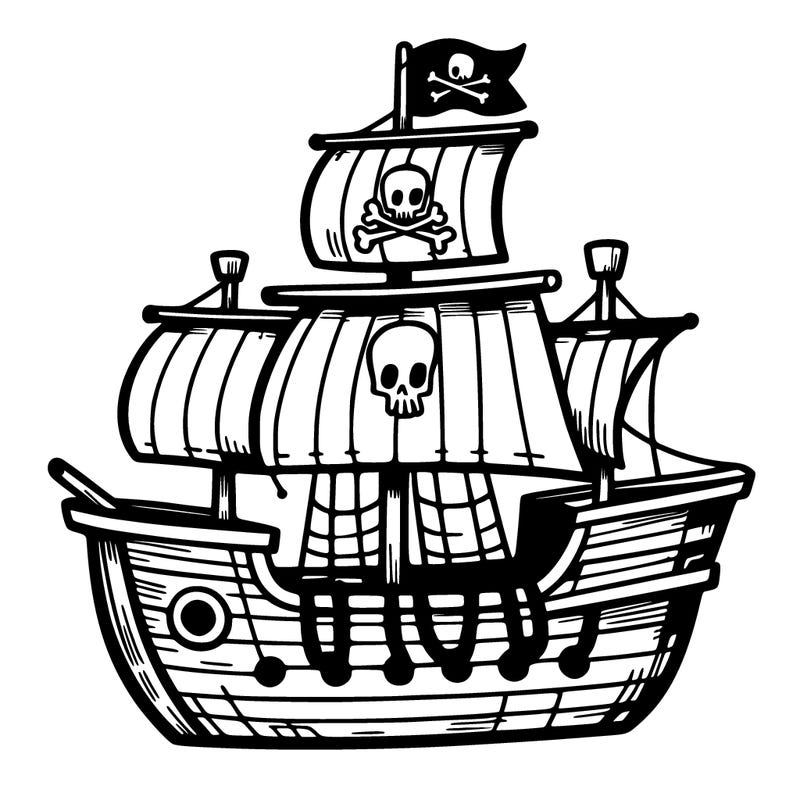 pirate ship – a small pirate ship with sails and a flag.