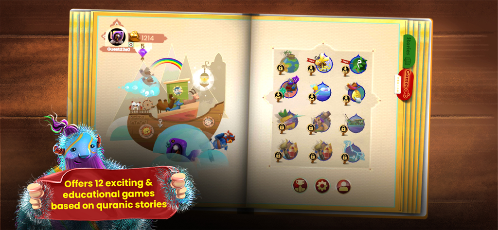 Digital storybook interface showing educational games from the Quran Stories for Kids app
