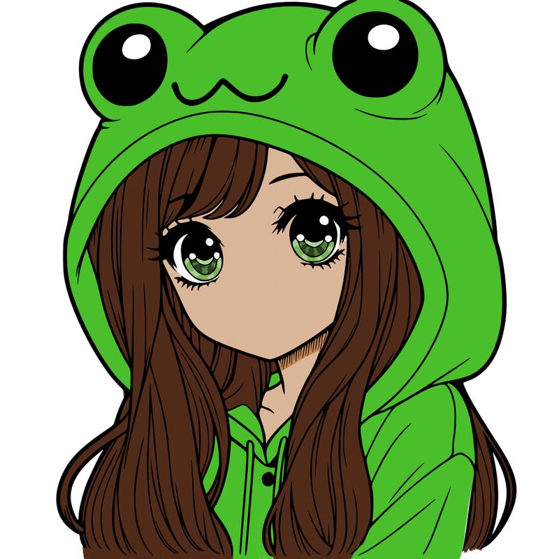 a pretty girl wearing a frog hoodie portrait with long hair